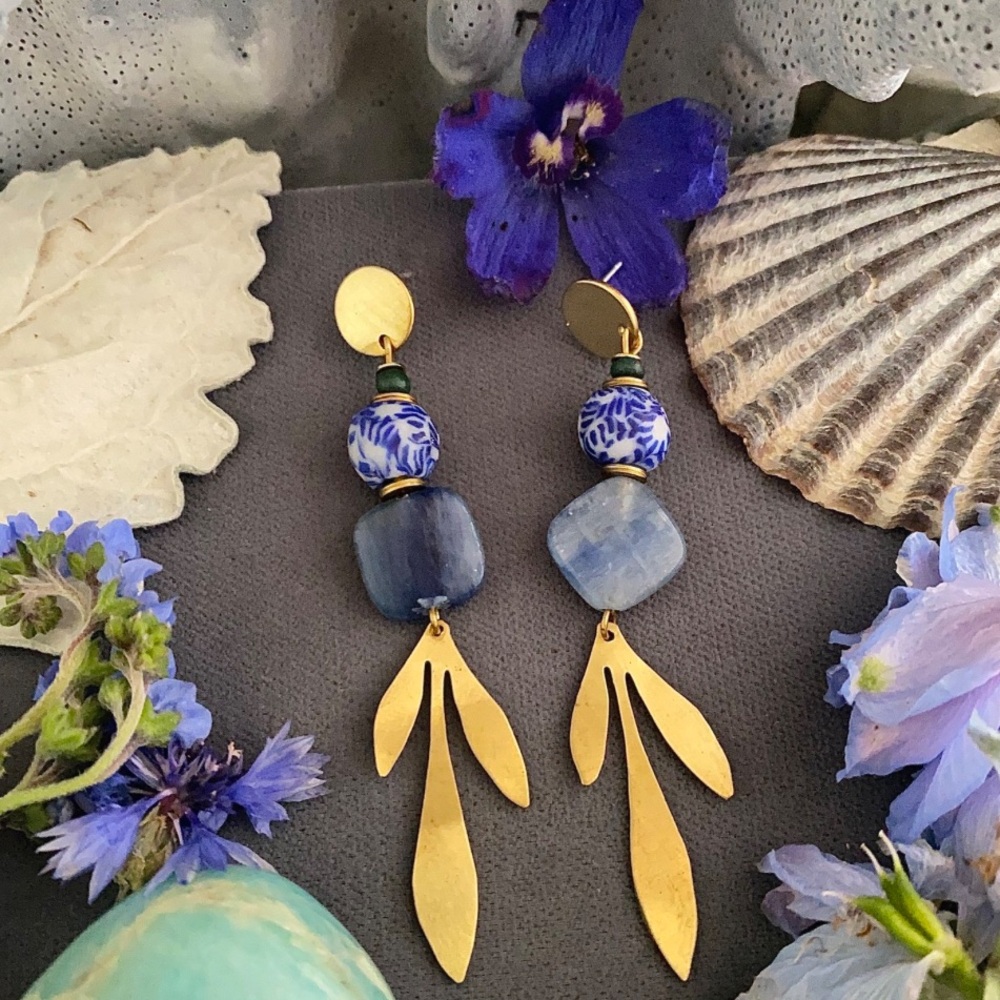 Alchemilla Blue Vendure One of a Kind Stone Dangle Earrings Brass Beads Vintage